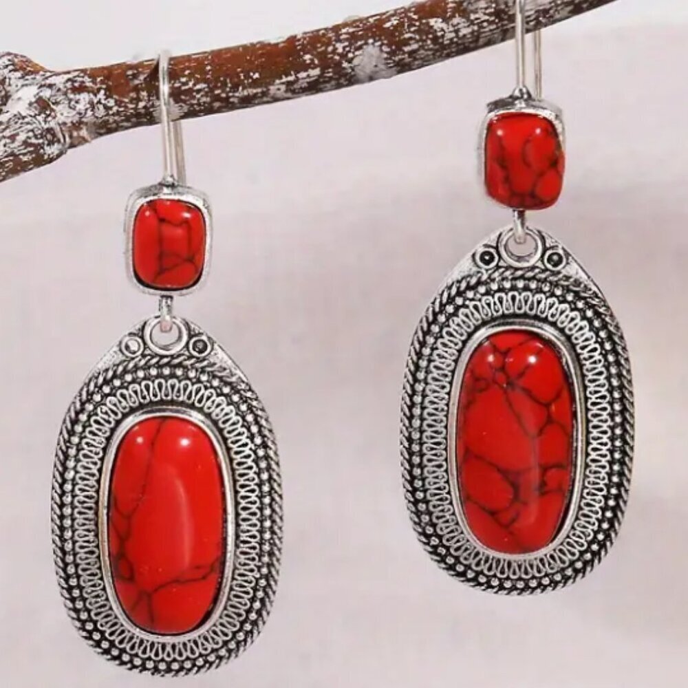 Exquisite Red Synthetic Gemstone Bohemian Vintage Drop Dangle Earrings
